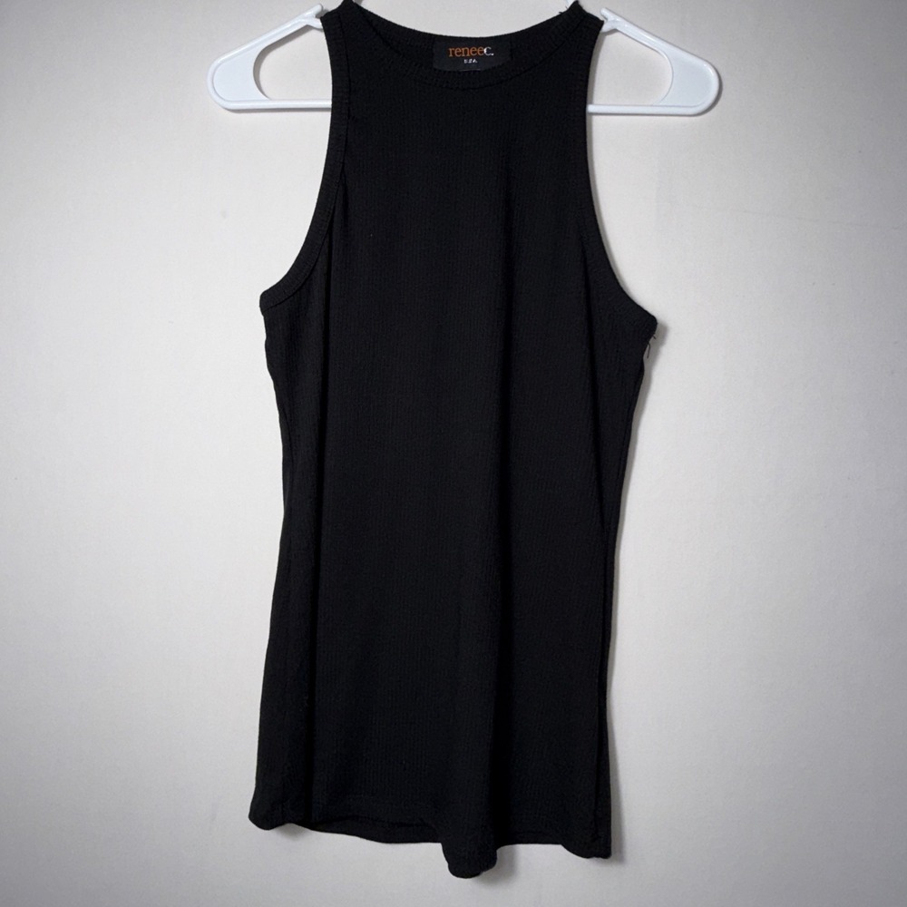 Renee C. Women's‎ Black Tank Top ribbed Sz L fitted Stretches Made in USA Rayon